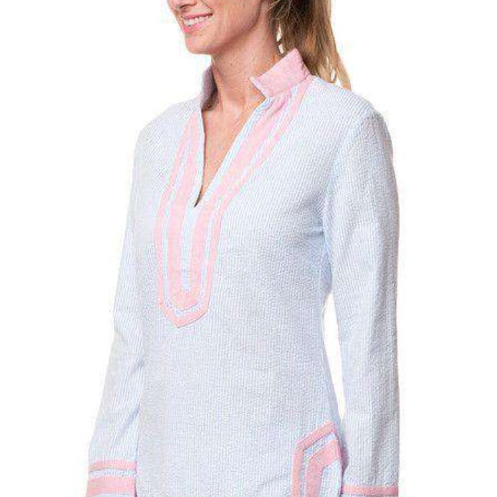 Castaway Clothing Tunic Top in Blue Seersucker